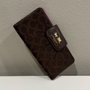 Coach Brown Signature Continental Wallet with Pink Trim